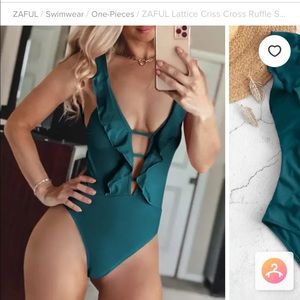 Zaful Teal Lattice Criss Cross Ruffle One Piece